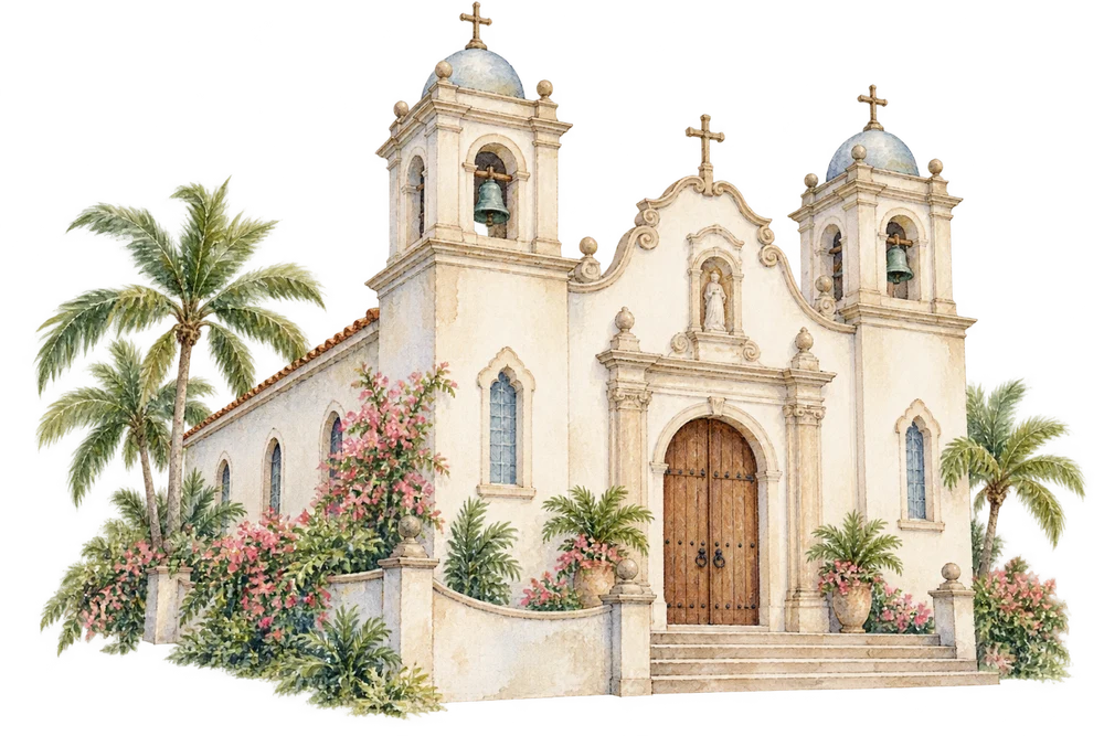 Ilustración de una iglesia en acuarela