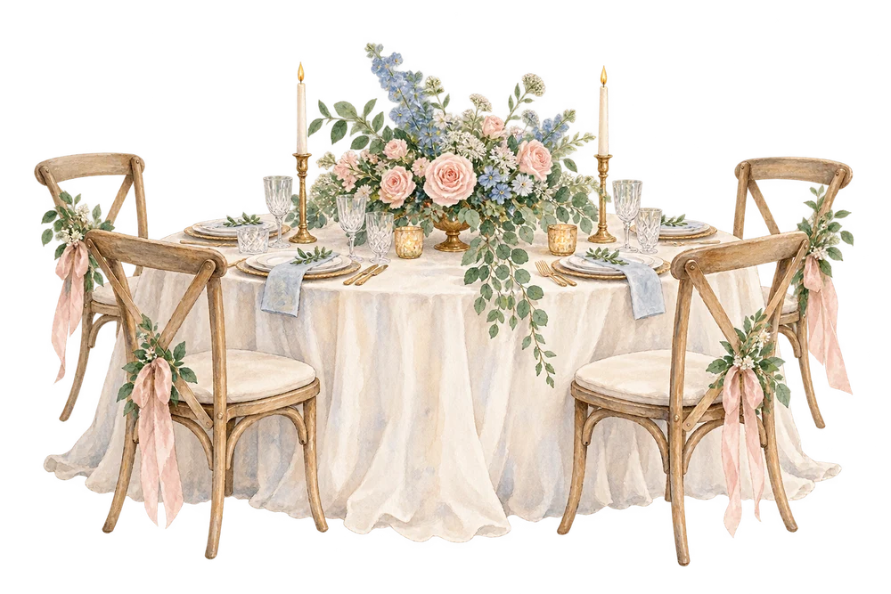 Ilustración de una mesa de recepción en acuarela